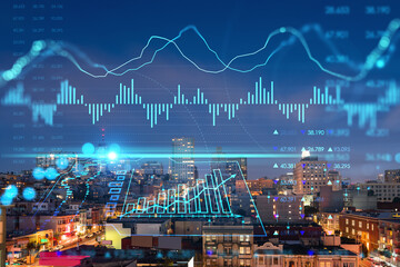 Roof top panoramic city view of San Francisco at night time, midtown skyline, California, United States. Forex candlestick graph hologram. The concept of internet trading, brokerage, analysis