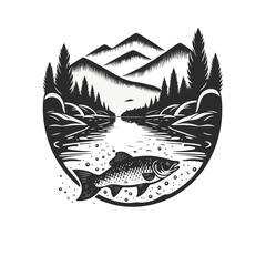 fishing fish in the water blank and white vintage logo design template