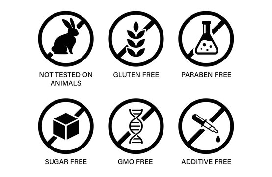 Icon set for cosmetic packages, Not tested on animals, gluten, additive free, sugar free, gmo free, paraben free signs