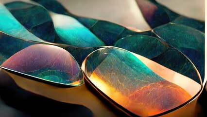Beautiful reflections and refractions made of glass in organic rainbow of oval, abstract and modern, delicate and Elegant, dramatic and exquisite design elements produced by Ai