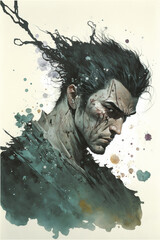 Ink splatter portrait of a handsome man; (GENERATIVE AI, FICTIONAL PERSON)