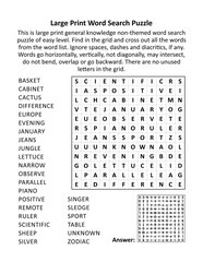 Large print general knowledge word search puzzle (words BASKET - ZODIAC). Answer included.
