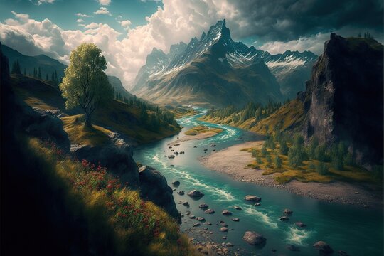 A stunning river and lush vegetation running through a valley between two mountains.
