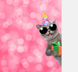 Happy cat  wearing party cap and sunglasses holds gift box and Looks from behinde empty banner. Shade trendy color of the year 2023 - Viva Magenta background. Empty space for text