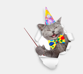 Happy cat wearing party cap looking through a hole in white paper and pointing away on empty space