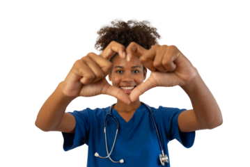 Black woman nurse makes a heart shape white her hand. health care, love concept. Isolated white background.