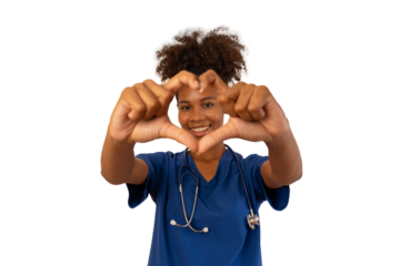 Black woman nurse makes a heart shape white her hand. health care, love concept. Isolated white background.