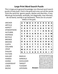 Large print general knowledge word search puzzle (words ARCHER - UPSTAIRS). Answer included.
