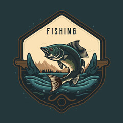 fishing fish in the water logo icon template vintage design