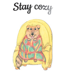 Cute cozy postcard with a dog, vector, hand-drawn