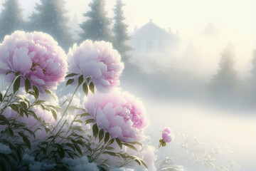 Gorgeous pink peony garden,  morning fog. The beautiful Peony tree is standing while snow drop.  Fantasy snow scenery. Digital artwork