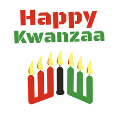 Happy Kwanzaa greeting card with text logo, seven candles in traditional African colors - red, black, green.  Simple vector illustration isolated on white background
