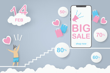 valentine sale promotion mobile phone abstract. big sale discount with percent 80, 70, 60, 50% and pink heart, valentine lovely, white circle vector. design for banner, summer sale, valentine's day.  