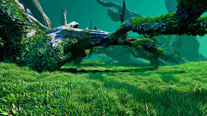 Fantastic tree trunks entwined with plants