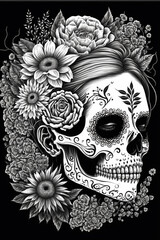 Fototapeta premium Skull with flowers, black and white, Dia De Los Muertos