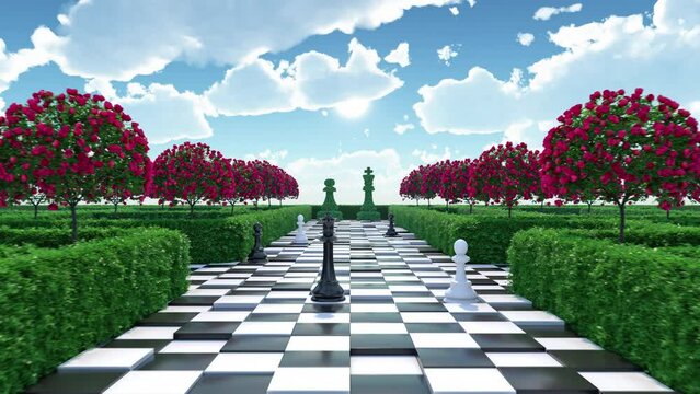 Maze garden 3d render illustration. Chess, trees with red flowers and clouds in the sky. Alice in wonderland theme.	