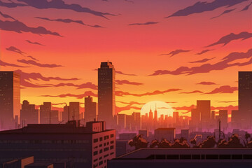 City Sunset, Anime Background Art, Scenery, Illustration, Generative AI
