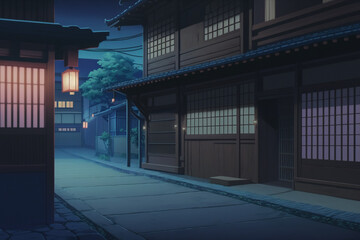 Japanese Street at Night,  Anime Background Art, Scenery, Illustration, Generative AI