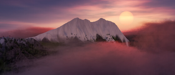Obraz premium Colorful Mountain Landscape covered in fog and snow. Cloudy Sunset Sky. Nature Background. 3d Rendering Art.