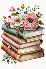 stack of books and flowers, watercolor illustration on white background, AI assisted finalized in Photoshop by me 