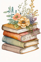 stack of books and flowers, watercolor illustration on white background, AI assisted finalized in Photoshop by me 
