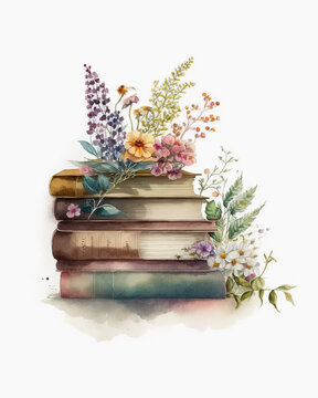 stack of books and flowers, watercolor illustration on white background, AI assisted finalized in Photoshop by me 