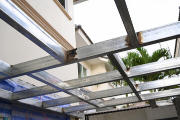 roof built from gray metal steel, construction industry