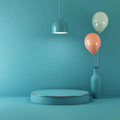 3D turquoise green simple podium with balloons vase for branding, identity and packaging presentation
