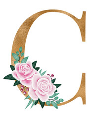Floral alphabet, gold letter C with watercolor flowers and leaf