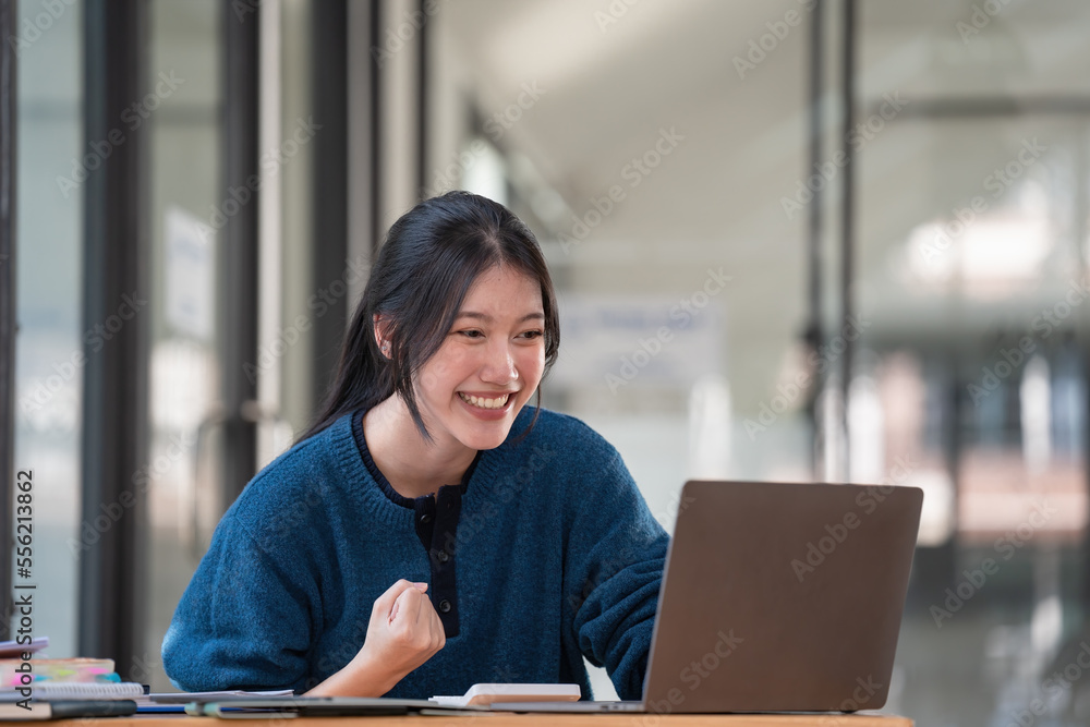 Wall mural young asian women celebrate success or happy poses with a laptop.