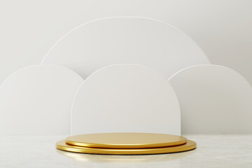 Beautiful gold podium display with abstract white background. 3d scene for product display