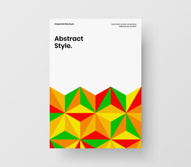 Vivid handbill design vector layout. Unique geometric hexagons catalog cover concept.