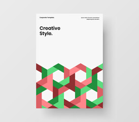Trendy company brochure A4 design vector illustration. Bright geometric hexagons cover concept.