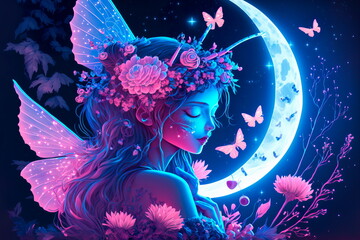 Obraz na płótnie Canvas Fairy girl on a blue night background with the moon and pink flowers realistic