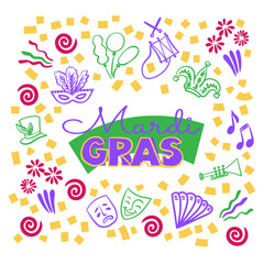 Mardi Gras doodle set for poster, party invitation, banner or flyer