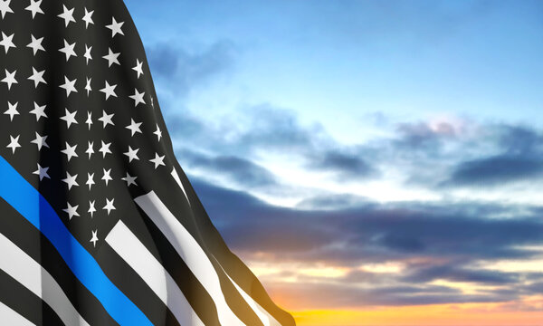 Thin Blue Line. American Flag With Police Blue Line On A Background Of Sunset. Support Of Police And Law Enforcement. National Law Enforcement Appreciation Day. EPS10 Vector