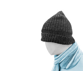 Blue knitted hat model head with scarf isolated on white
