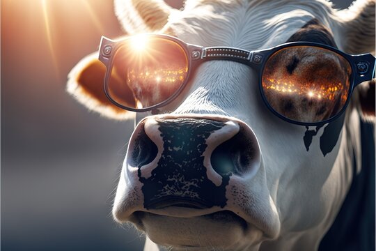 A cow wearing a sun glasses. Generative AI.
