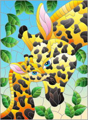 Stained glass illustration with cute giraffes on a background of blue sky and leaves