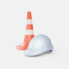 Road cone and worker's helmet. Road works and processes. 3d rendering.