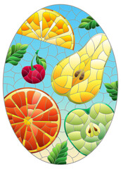 An illustration in the style of a stained glass window with juicy fruits and berries, on a blue background
