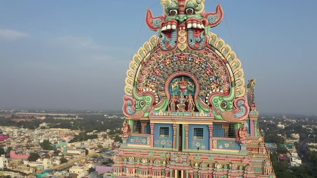 Srirangam ancient temple gopurna architecture details India, aerial drone view 4k Tamil Nadu