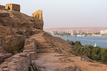 View on the river Nile in Aswan with sandy and deserted shores, Egypt.