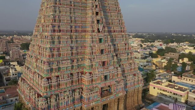 Srirangam ancient temple gopurna architecture details India, aerial drone view 4k Tamil Nadu