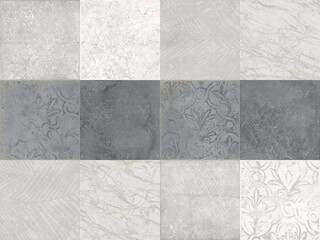 Creative patchwork pattern stone ceramic wallpaper design. White marble