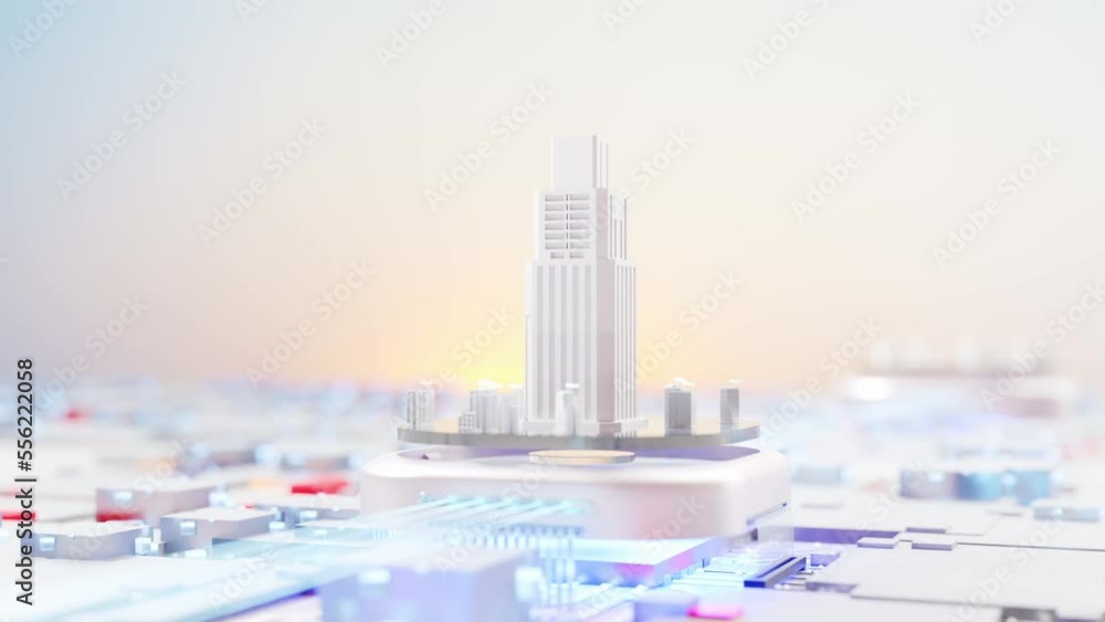 Poster smart city. building or city located on central processing unit, cpu. electron mobility animation li