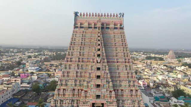 Srirangam ancient temple gopurna architecture details India, aerial drone view 4k Tamil Nadu