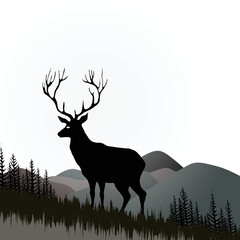 deer with the mountain on view of winter forest landscape