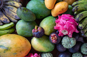 Set of Balinese fruits and vegetables . Flat lay