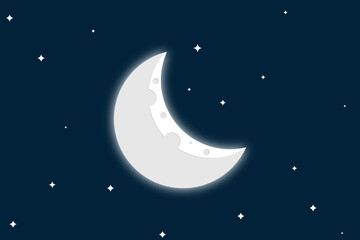 Naklejka na ściany i meble Night sky background with half moon, clouds and stars. Moonlight night. Vector illustration.